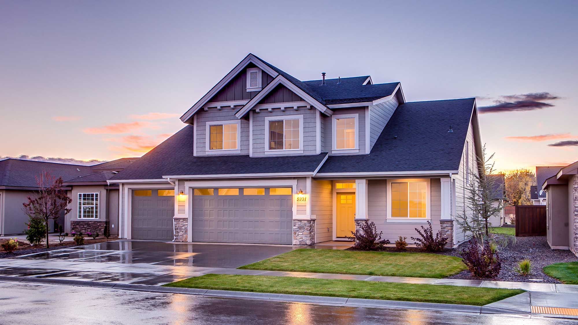 A traditional home at dusk