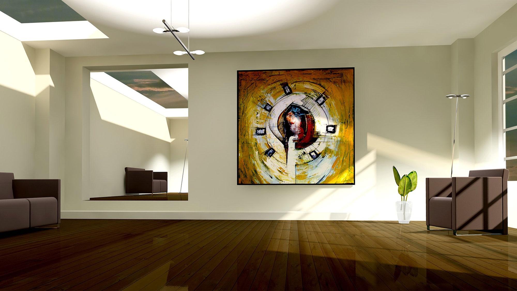 Modern living room with vibrant artwork, accentuated by Ketra&rsquo;s dynamic lighting to enhance visual appeal.