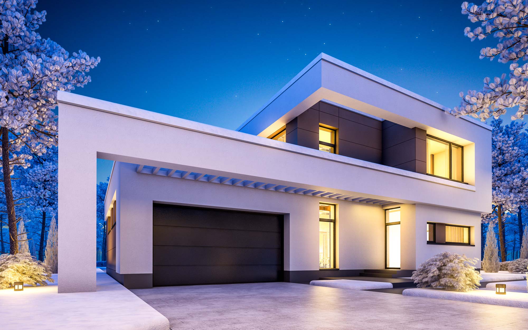 A sleek, modern home with warm outdoor lighting in a snowy evening.