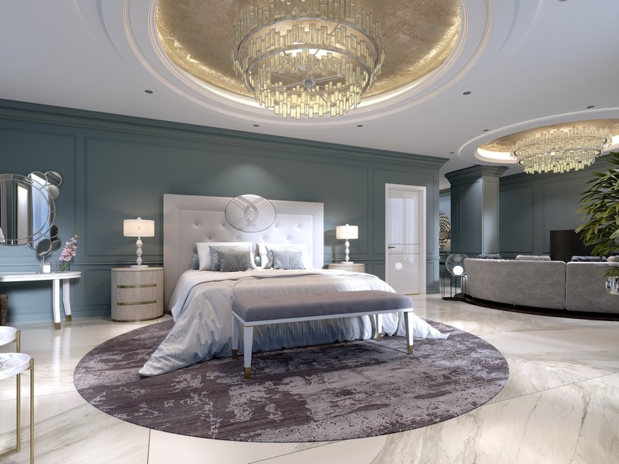  Image is of a luxury bedroom with chandeliers on the ceiling in a modern smart home.