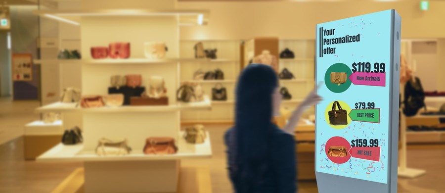 A woman in a retail store browsing handbags displayed on shelves. A digital sign nearby shows personalized offers for different handbags