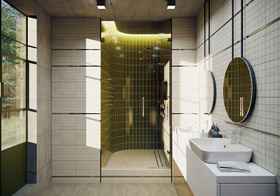Bathroom with a glass-framed green-tiled shower, floating vanities with vessel sinks, and large round mirrors lit by natural daylight.